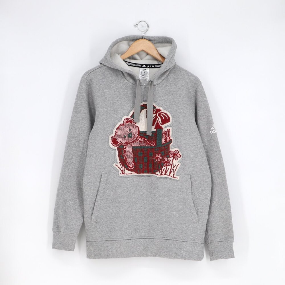 Upcycled Reworked Tapestry Applique Teddy Bear Gray Hoodie Size M